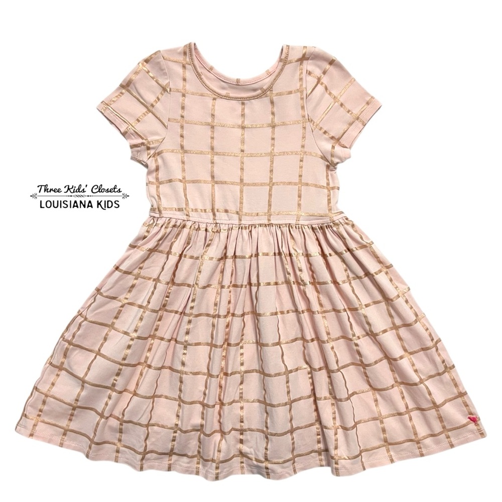 Pink Chicken 5Y Pink Metallic Rose Gold Grid Print Dress